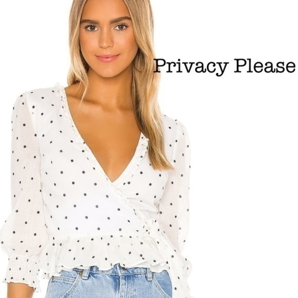 PRIVACY PLEASE White & Black Dot Jane wrap top
